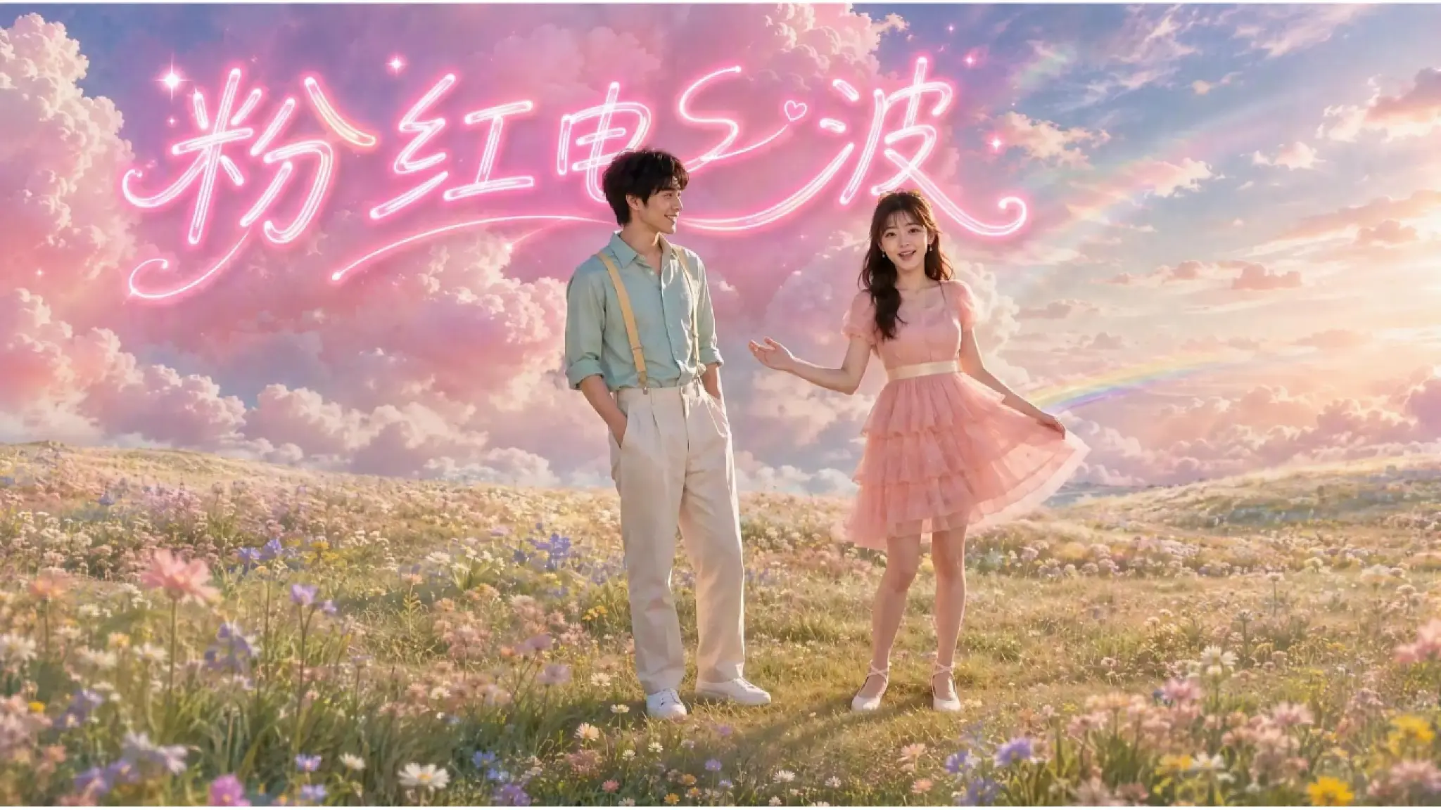 佩佩《粉紅電波》官方音樂作品圖：粉紅雲海與花田之中，兩位人物站在發光的粉紅電波字樣下